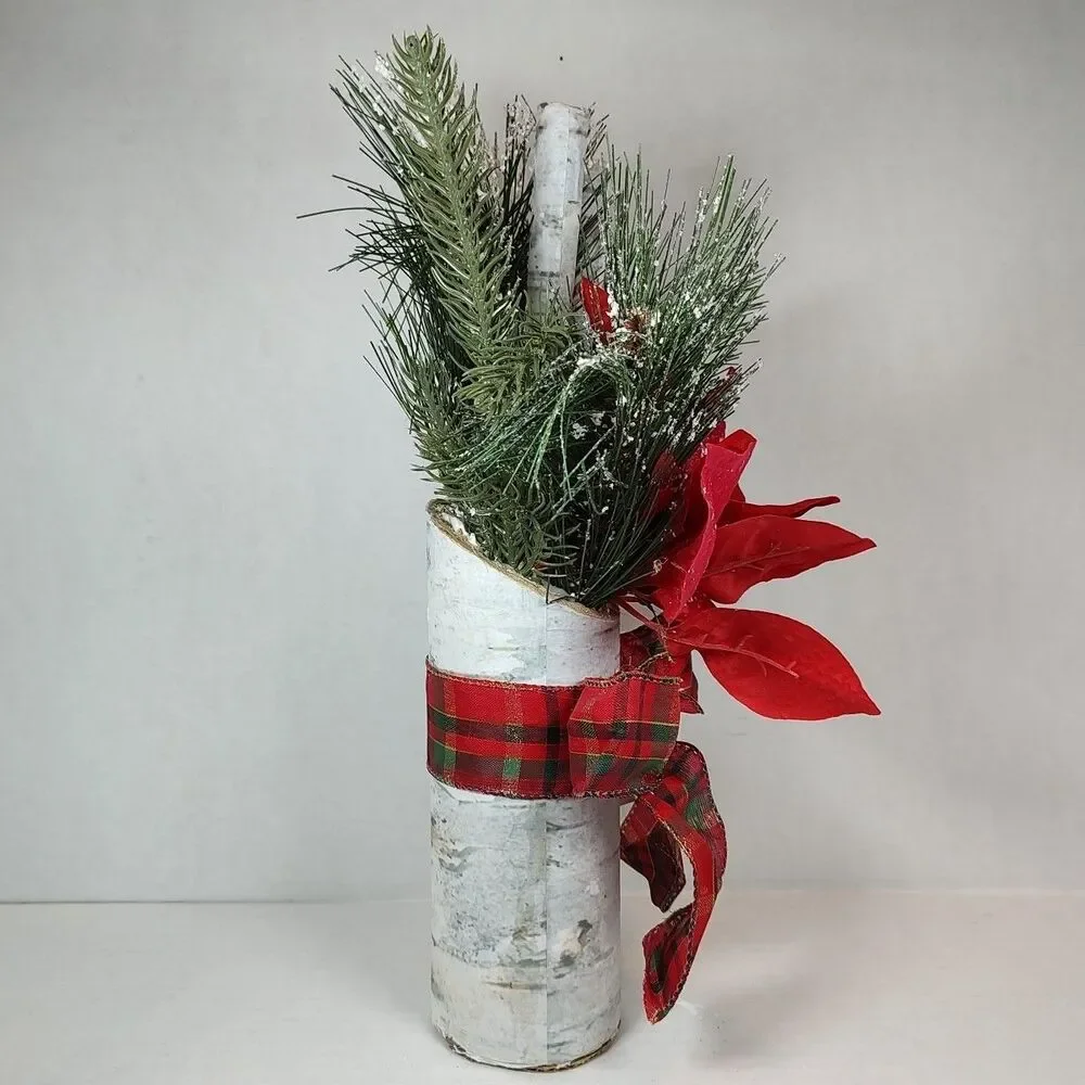 Red Plaid Holiday Christmas Flower Floral Bouquet Arrangement Poinsettia Birch